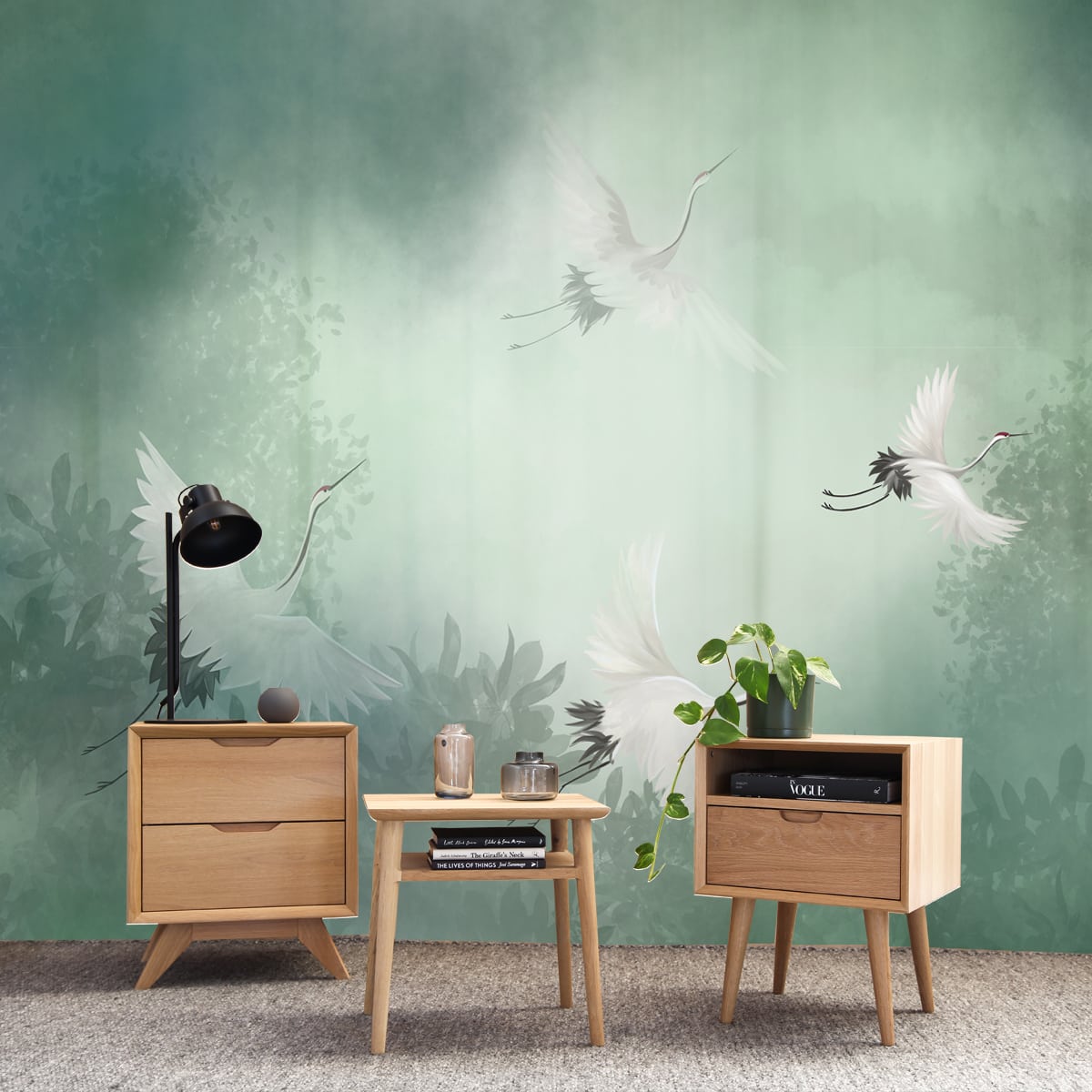 A close-up of aSiberian Cranes in a Beautiful Background, Customised Wallpaper Indrani Series Canvas Chinoserie Design (Customised Size Wallpaper )available at Material Depot in Bangalore